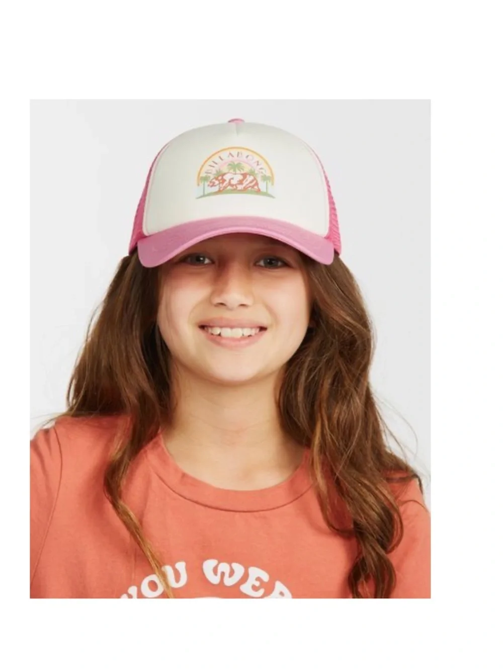 Billabong Girls' Pitstop Jr Trucker Hat. Color: PARADISE PINK.